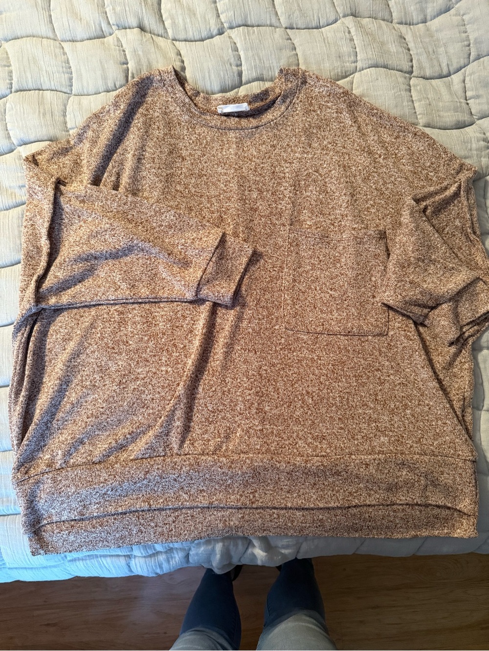 Zenana Outfitters Marled Knit Pullover in Heathered Tan and Cream
